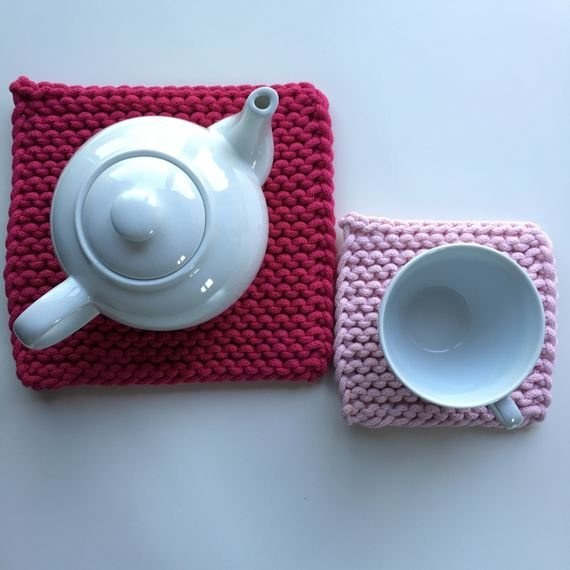 Komplet podkładek kawowych ze sznurka bawełnianego Fuksja + Róż