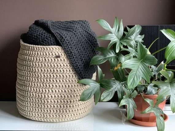 Kosz ze sznurka bawełnianego XXXL 40x42 cm z uszami jasny szary 100