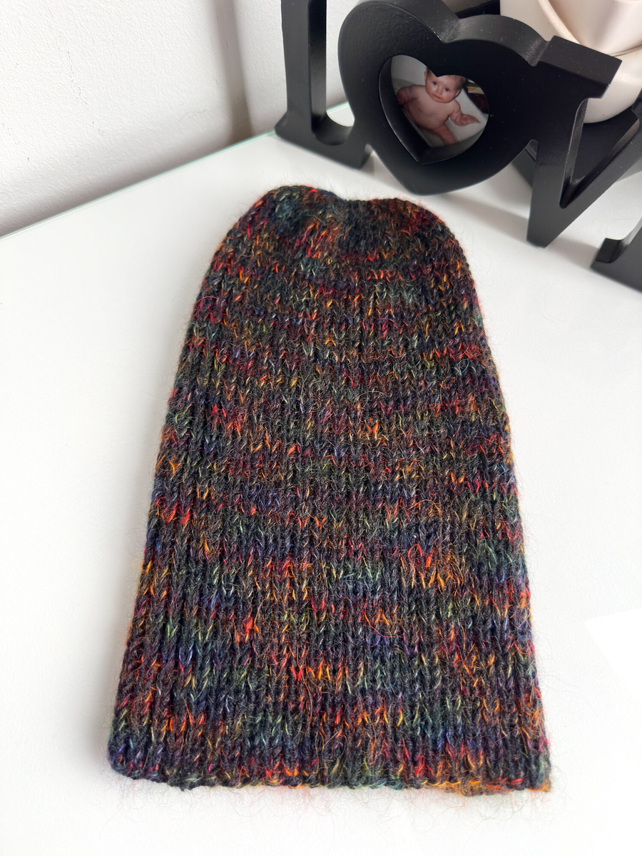 Handmade women's hat AUREA LE 100% baby merino plus mohair and silk Black with rainbow