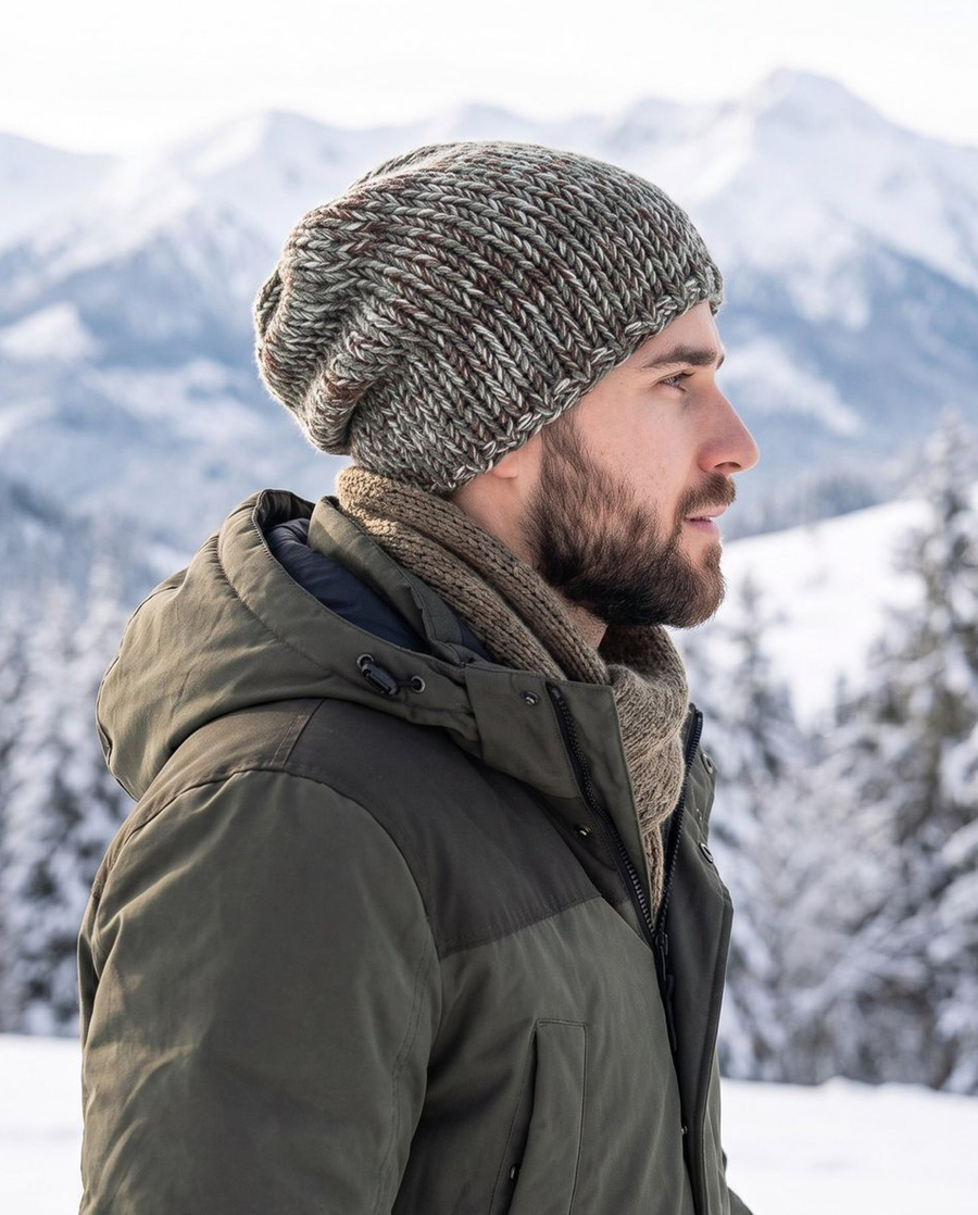 Winter Smurf Beanie 100% Baby Merino Wool Shades of Green and Beige