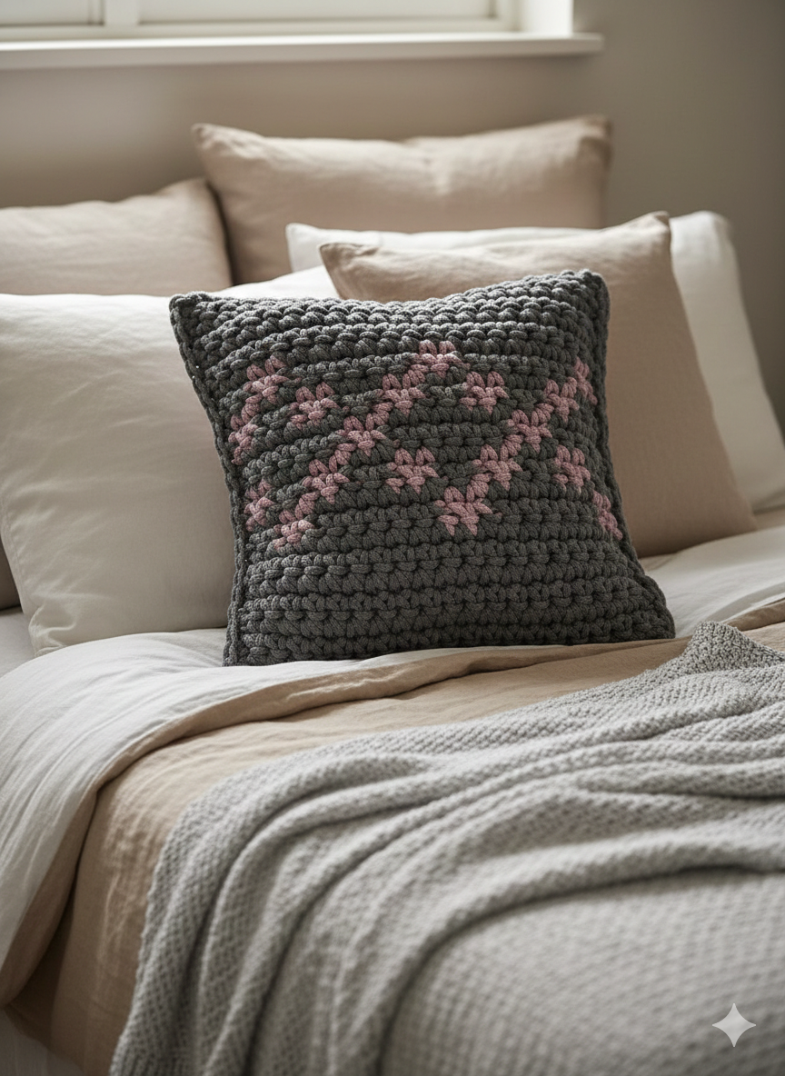 Poduszka ze sznurka bawełnianego KARO 140 Ciemny Szary + 310 Wrzos 40x40 cm