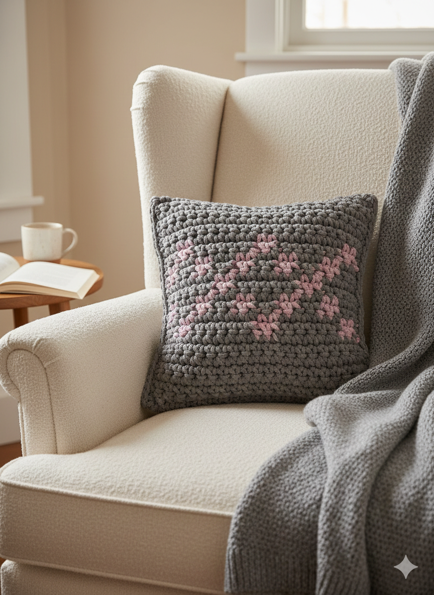 Poduszka ze sznurka bawełnianego KARO 140 Ciemny Szary + 310 Wrzos 40x40 cm