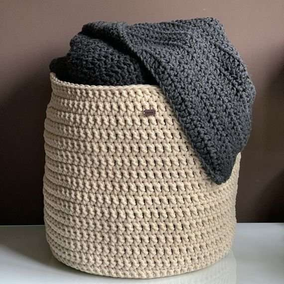 Kosz ze sznurka bawełnianego XXXL 40x42 cm z uszami jasny szary 100