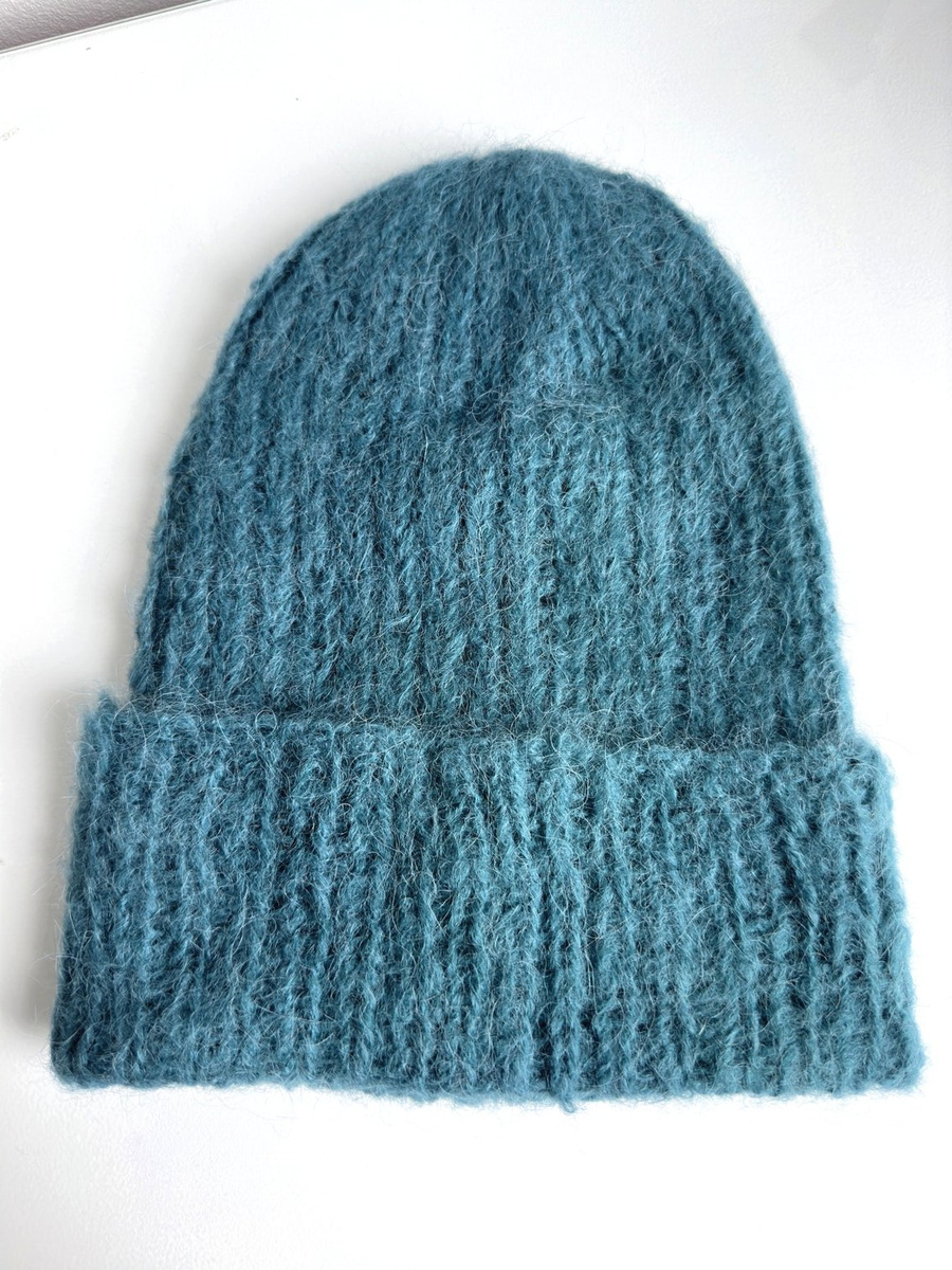 Ręcznie robiona czapka damska WATA CUKROWA Alpaka z Merynosem 8 Petrol