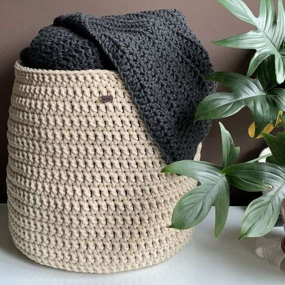 Kosz ze sznurka bawełnianego XXXL 40x42 cm z uszami jasny szary 100