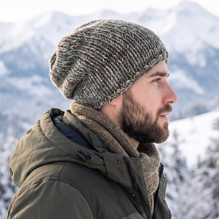 Winter Smurf Beanie 100% Baby Merino Wool Shades of Green and Beige