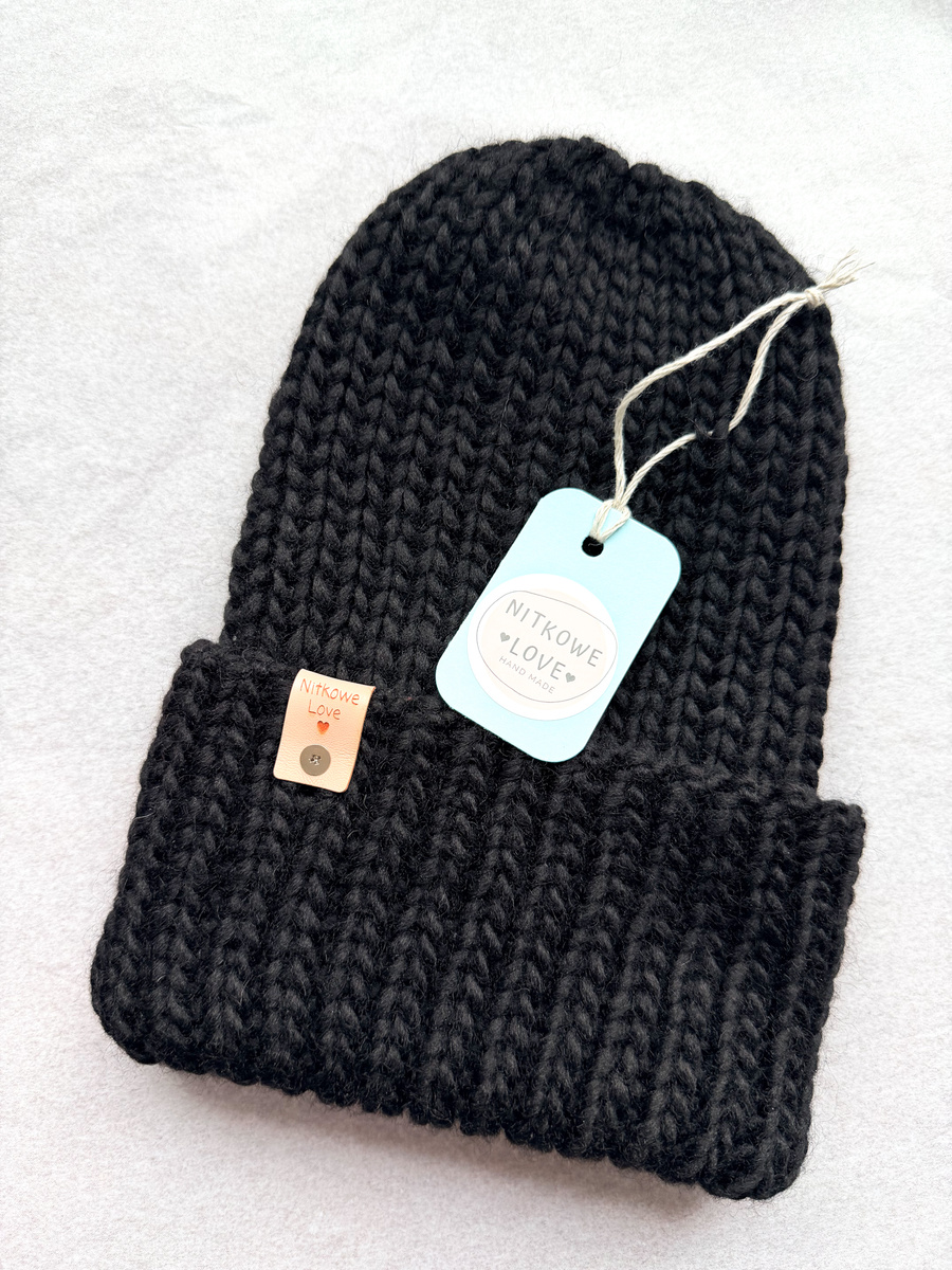 Ręcznie robiona czapka wywijana JANKA 100% Wełna owcza 02 Czarny