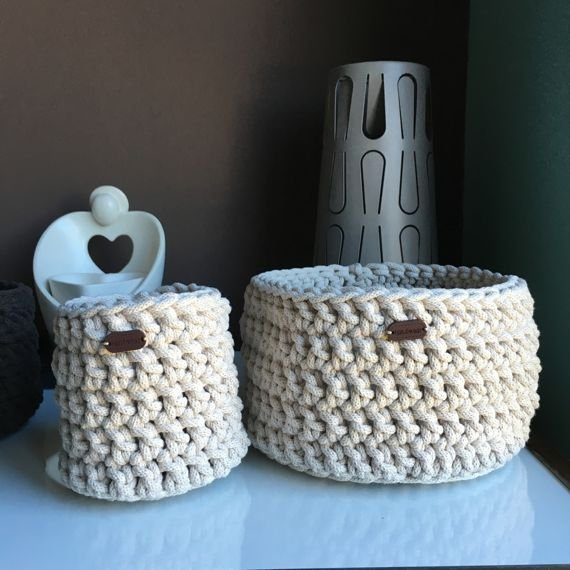 Ręcznie robiony Koszyk ze sznurka bawełnianego jasny beż 725 20x12 cm