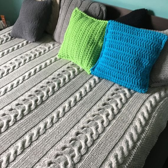 Ręcznie robiony Koc, gruby pled, narzuta, jasny szary 200x220 cm