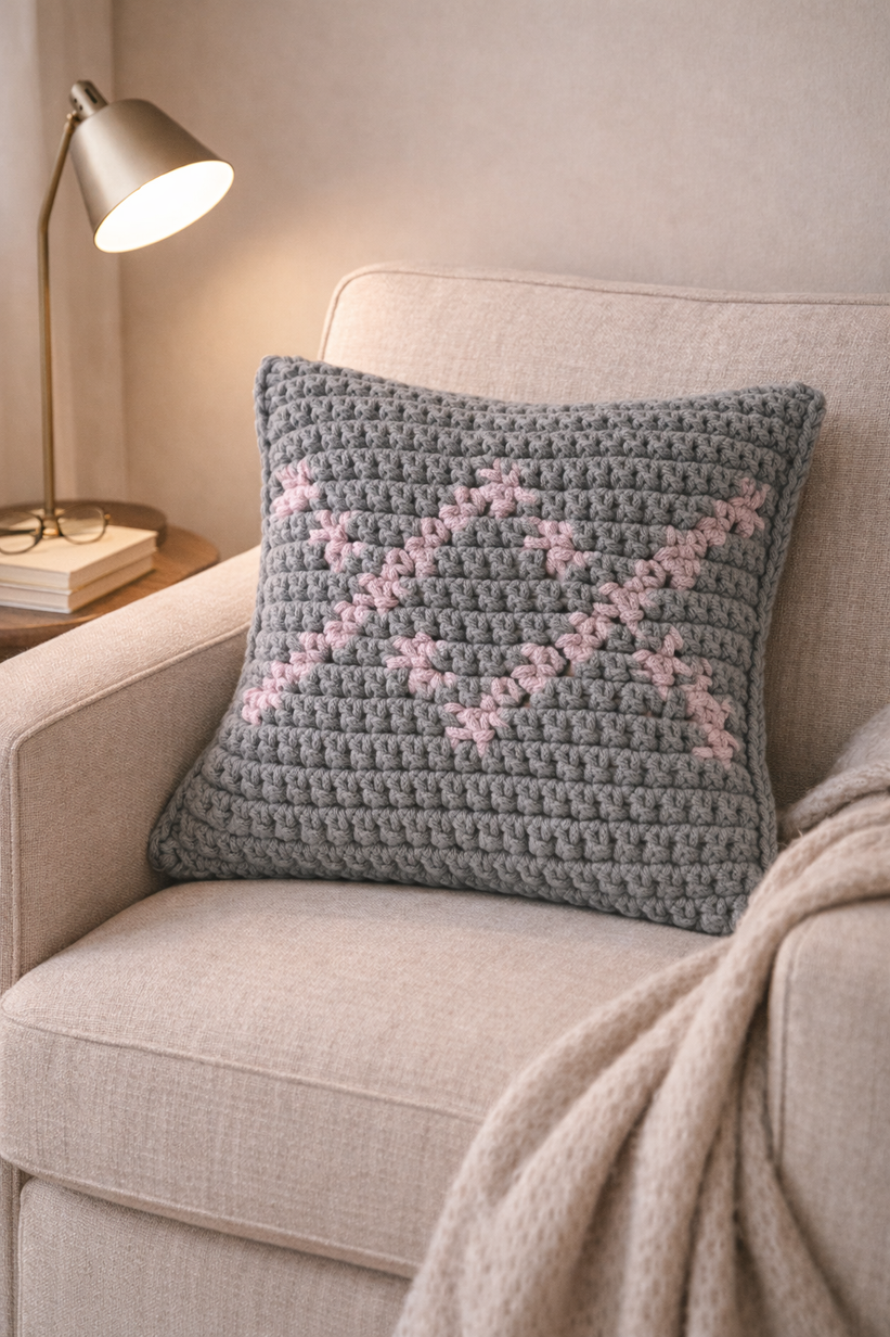 Poduszka ze sznurka bawełnianego KARO 140 Ciemny Szary + 310 Wrzos 40x40 cm