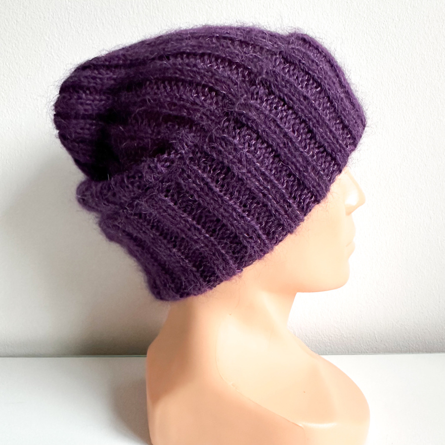 Ręcznie robiona Czapka wywijana MARGARET 100% Alpaka + nitka moher i jedwab 4400/16 Ciemnofioletowy