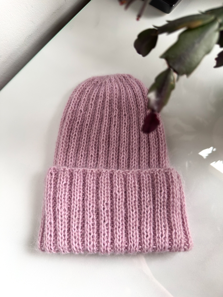 Ręcznie robiona Czapka wywijana MARGARET 100% Alpaka + nitka moher i jedwab 3112/36 Różowy z nutką beżu