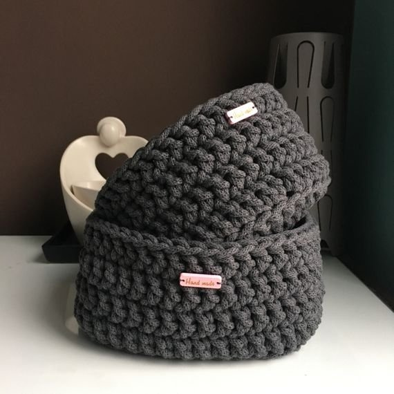 Ręcznie robiony Kosz ze sznurka bawełnianego grafitt 800 20x10 cm