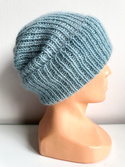 Ręcznie robiona czapka beanie AUREA 100% Baby Merino plus moher i jedwab 43/58 Jasny morski