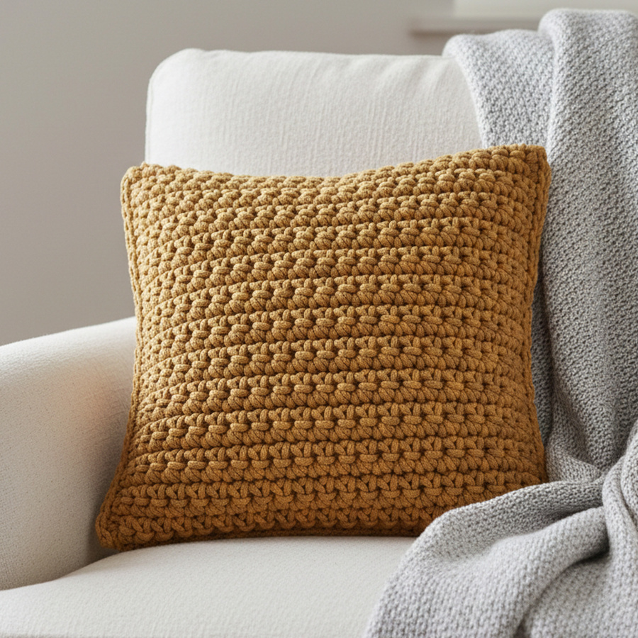 Poduszka ze sznurka bawełnianego KARO 270 Musztarda 40x40 cm