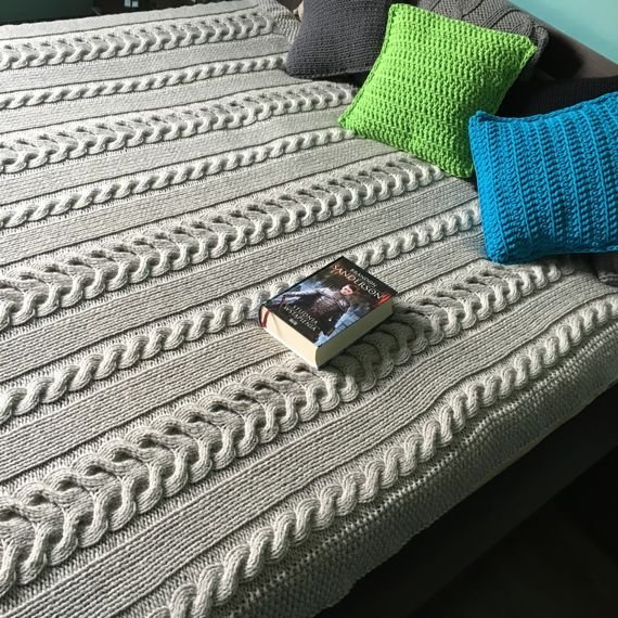 Ręcznie robiony Koc, gruby pled, narzuta, jasny szary 200x220 cm