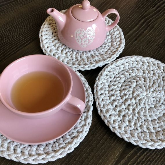 Podkładka pod kubek ze sznurka bawełnianego 22 cm krem