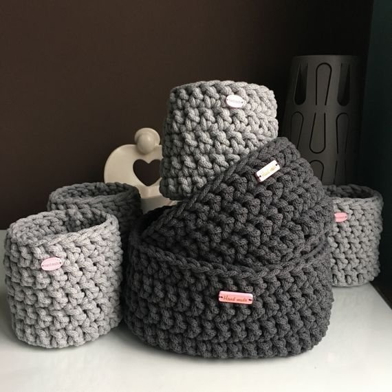 Ręcznie robiony Kosz ze sznurka bawełnianego grafitt 800 20x10 cm