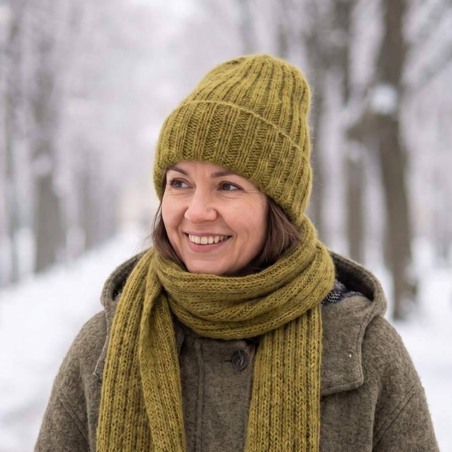 Ręcznie robiona Czapka wywijana MARGARET 100% Alpaka + nitka moher i jedwab 7233/67 Oliwka