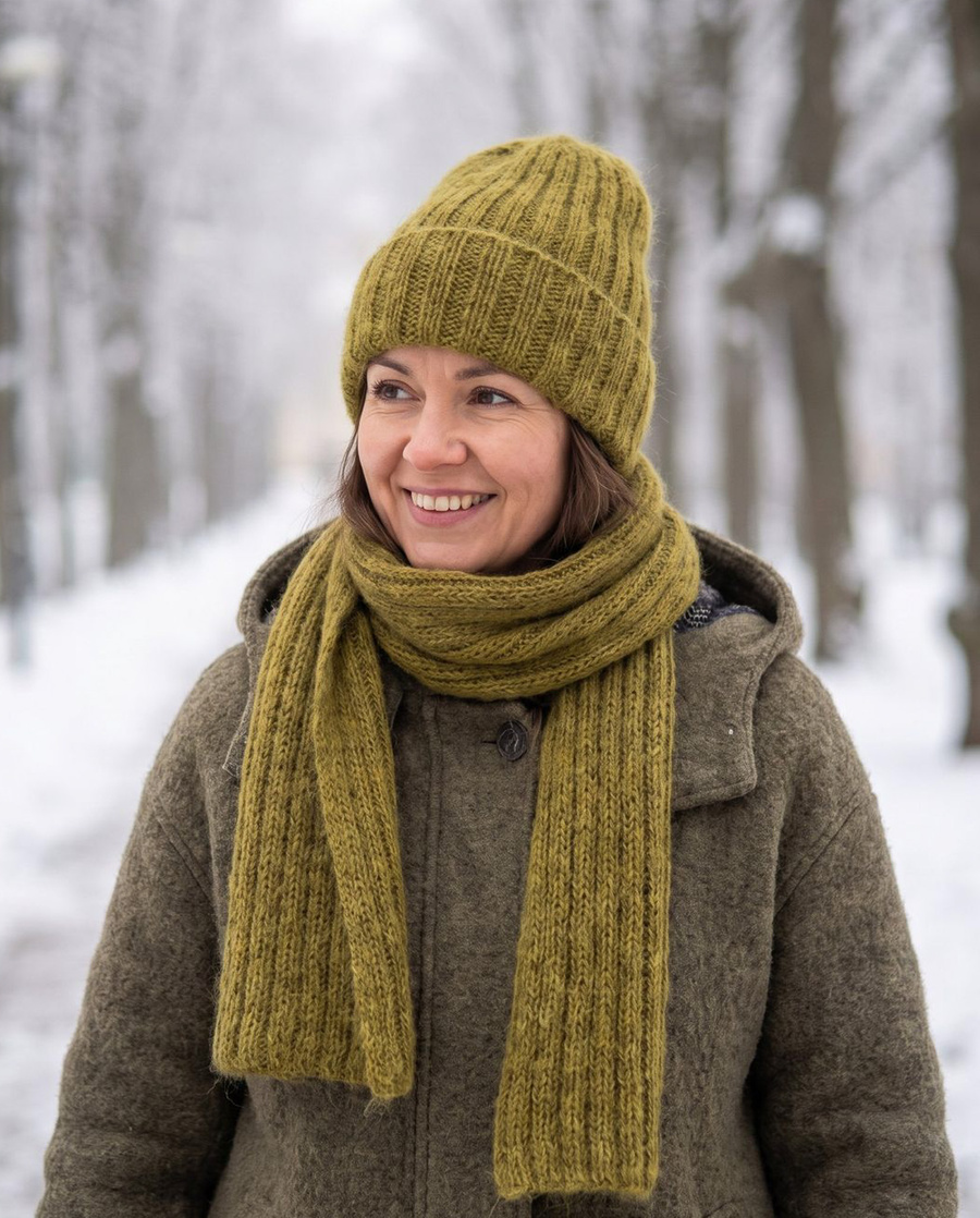Ręcznie robiona Czapka wywijana MARGARET 100% Alpaka + nitka moher i jedwab 7233/67 Oliwka