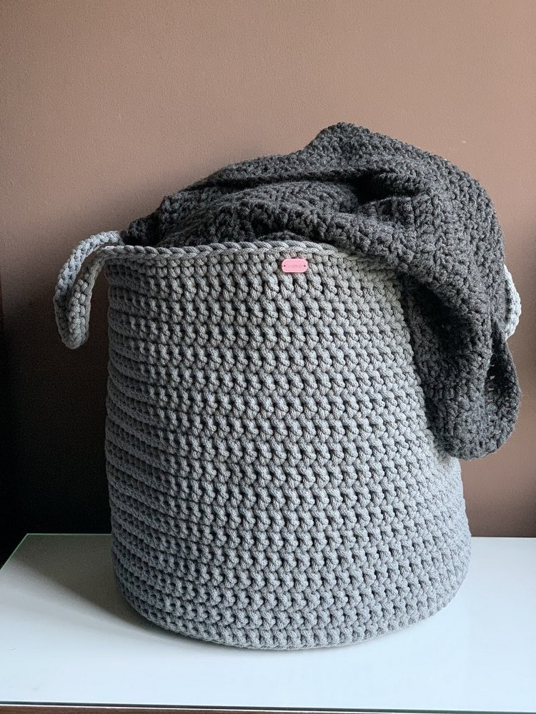 Kosz ze sznurka bawełnianego XXXL 40x42 cm z uszami jasny szary 100