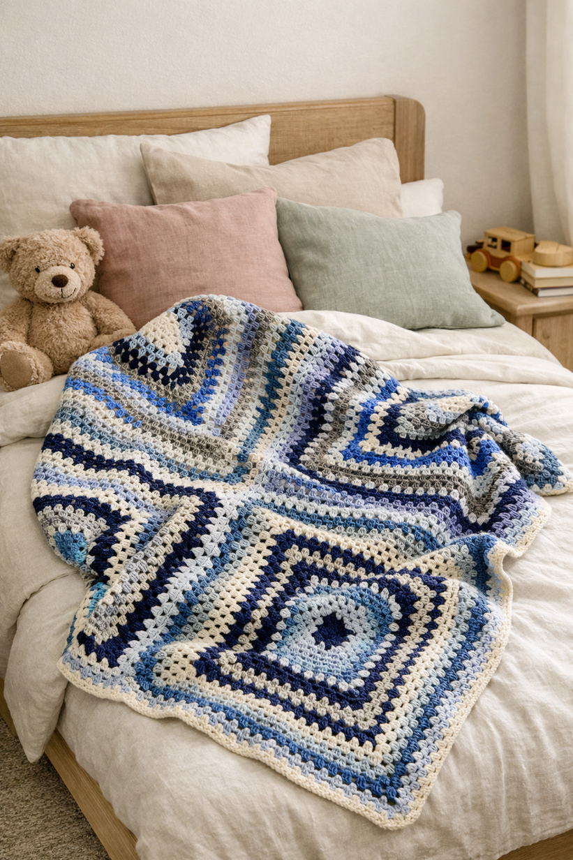 Ręcznie robiony Koc baby merino dla dziecka 100x100 cm - niebieski kocyk dziecięcy